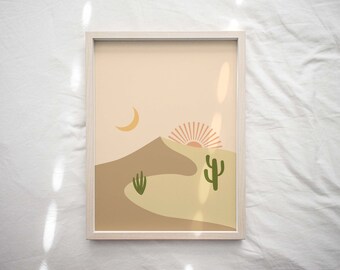Stampa illustrata di paesaggio desertico, arte murale minimalista (download digitale)