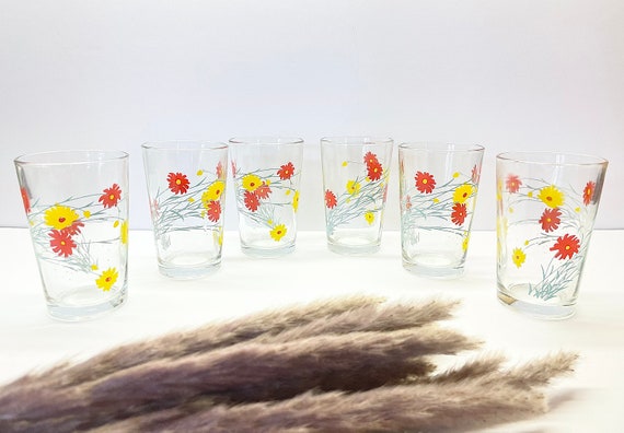 Set of 6 Vintage Firna Juice Glasses With Retro Flower Power
