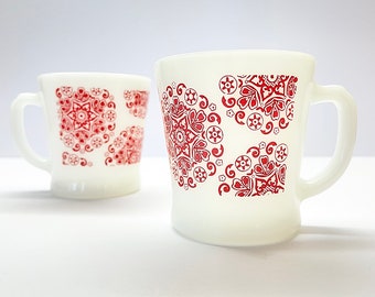 MCM Fire King Milk Glass Coffee Mug with Red Paisley Pattern, Old Fashioned Diner Mugs, Coffee Bar Decor, Appreciation Gifts, Tea Lover