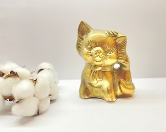 1980s Vintage Solid Brass Kitty Cat Piggy Bank, Japanese Style Animal Figurine, Hammered Metal, Coin Bank, Nursery Decor, Baby Shower Gifts