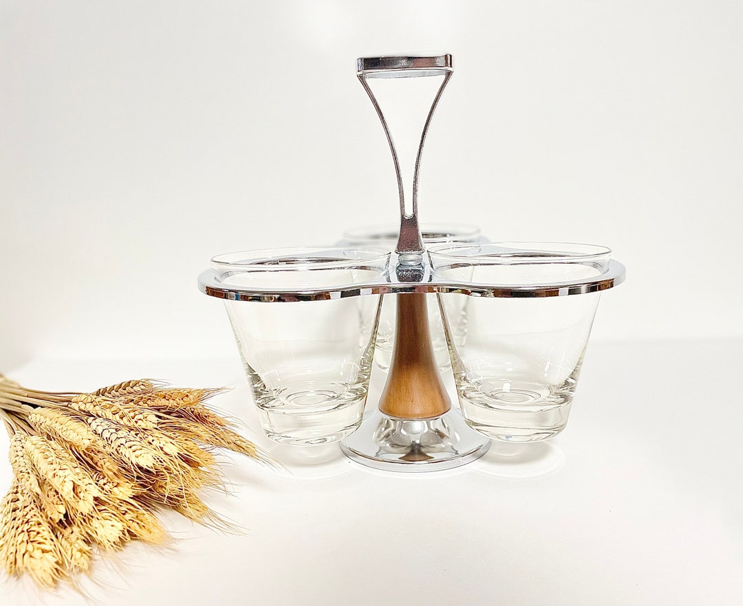 MCM 4 Piece Chrome and Wood Condiment Caddy With Glass Snack Bowls ...