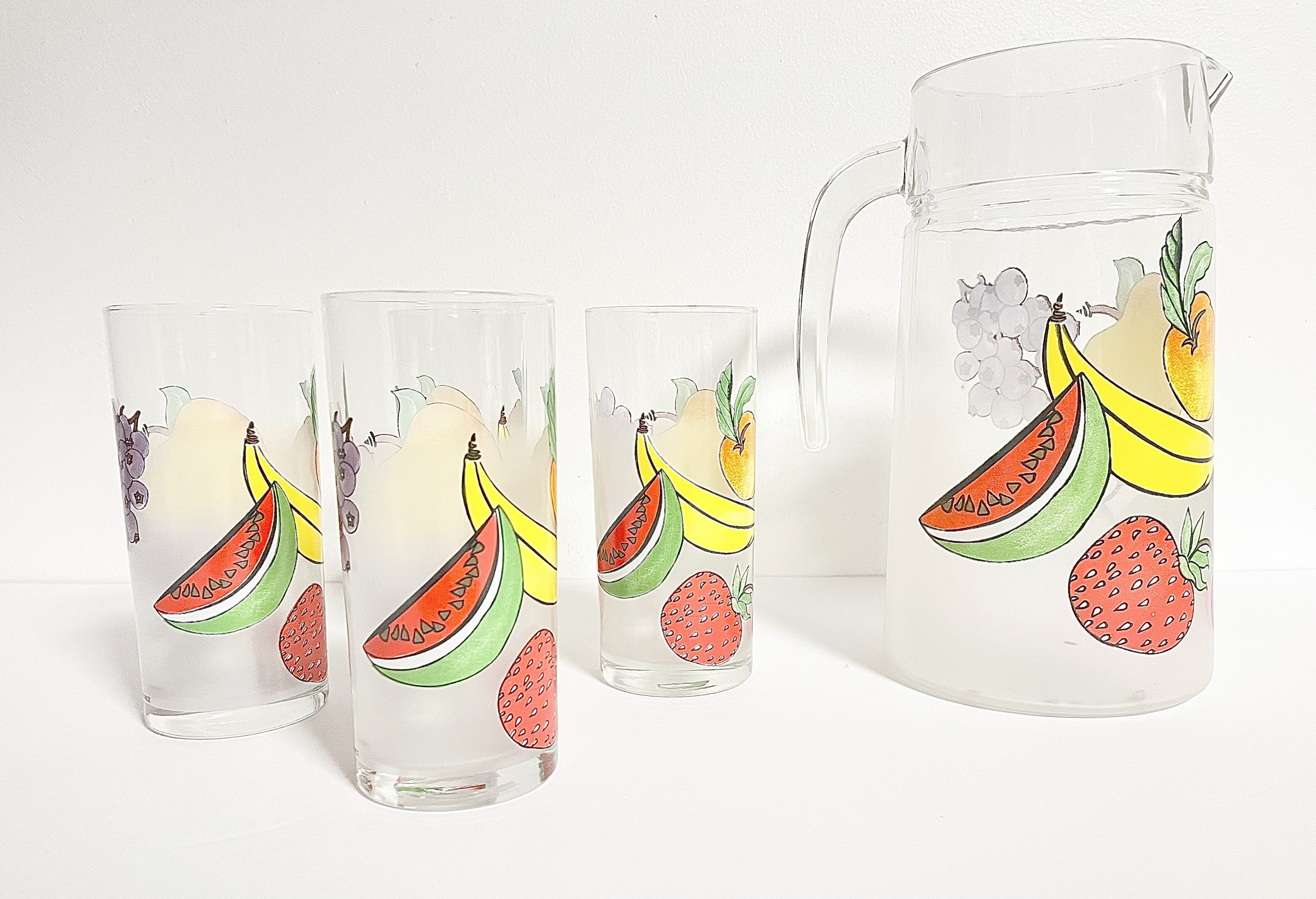 Vintage French Glass Juice Pitcher 6 Glasses, Colourful Fruit With Frosted  Glass, Summer Kitchen, 1980s 