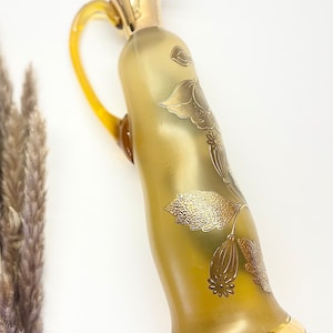 1950s Venetian Amber Glass Decanter with Handle and Hand Painted Gold Flowers, Glass Cocktail Pitcher, Decorative Liquor Bottle, Unique Gift