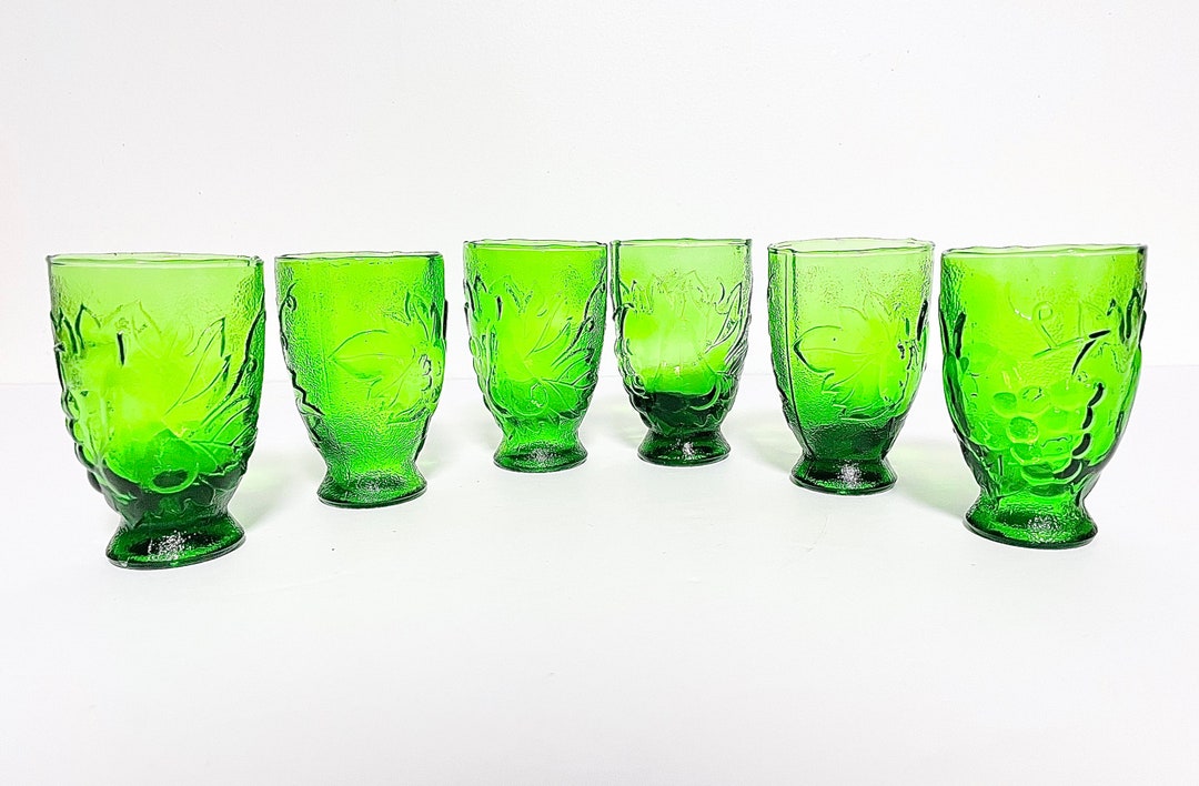 Mid Century Hand Blown Green Glass Shot Glasses, Italian Glassware Set