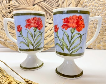 Vintage Bryn Mawr Ceramic Pedestal Coffee Mugs, Set of 2 Tall Mugs, Floral Mugs, Hot Chocolate Mug, Retro Coffee Mug, Large Tea Mug