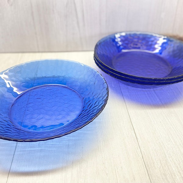 1980s Vintage Large Cobalt Blue Dinner Bowls, Salad or Soup, Dinnerware, Tableware, Colored Glassware, Boho Table Setting, Shallow Dishes