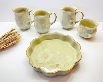 5 Piece Vintage Denby England Stoneware Daybreak Set, Coffee Mugs, Flan Dish, Sugar Bowl and Pitcher, Farmhouse Kitchen Table Decor