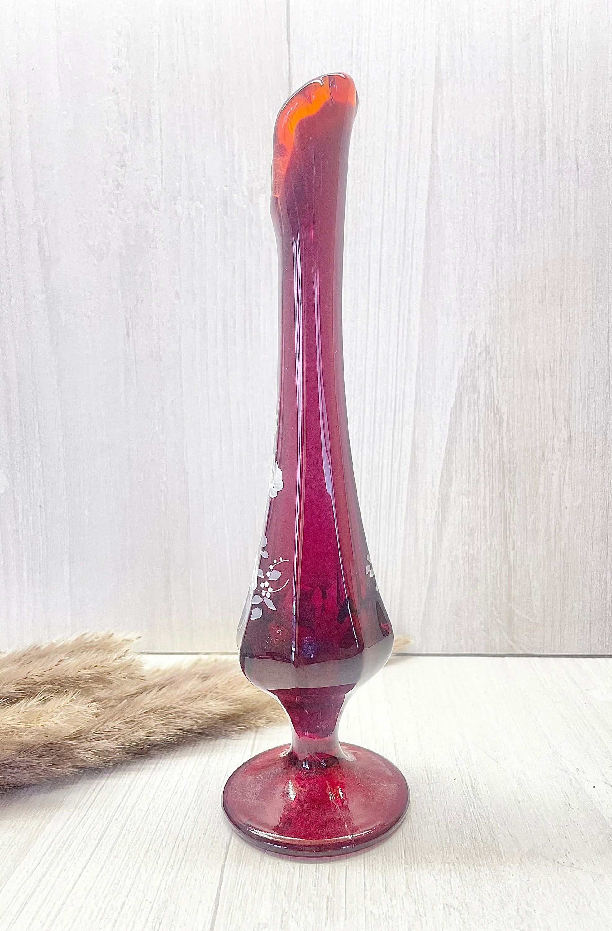 Vintage 9 Fenton Red Swung Glass Vase Hand Painted Etsy