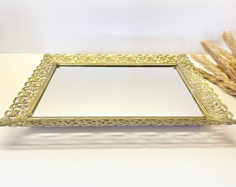 1970s Vintage Rectangular Mirror Tray with Ornate Metal Trim, Vanity Perfume Tray, Shabby Chic Decor, Hollywood Regency, Decorative Mirror