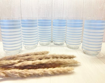 Set of 6 Vintage 14oz Frosted Juice Glasses with Blue Satin Stripes, MCM Bar Cart Decor, Tableware, Iced Coffee Cups, Retro Glassware Gifts