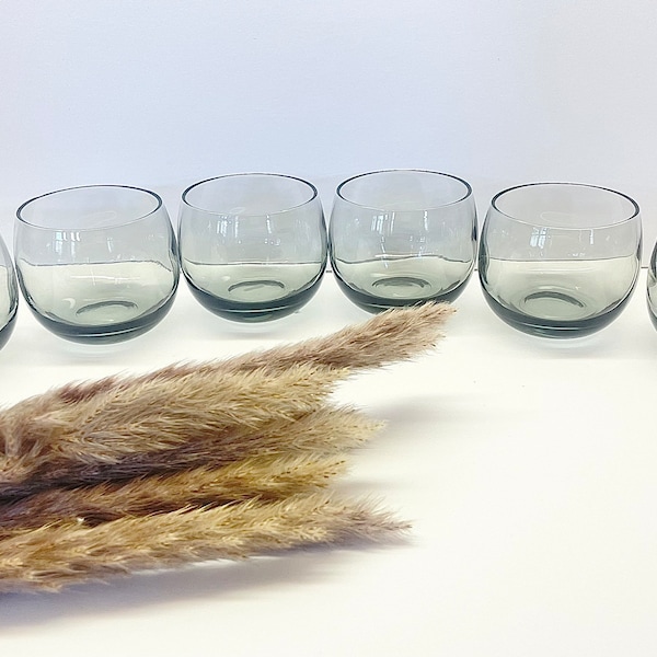 Set of 6 MCM Small Round Roly Poly Smokey Grey Cocktail Glasses, Bar Cart Decor, Vintage Glassware, Retro Barware, Whiskey Glass, Gift Ideas