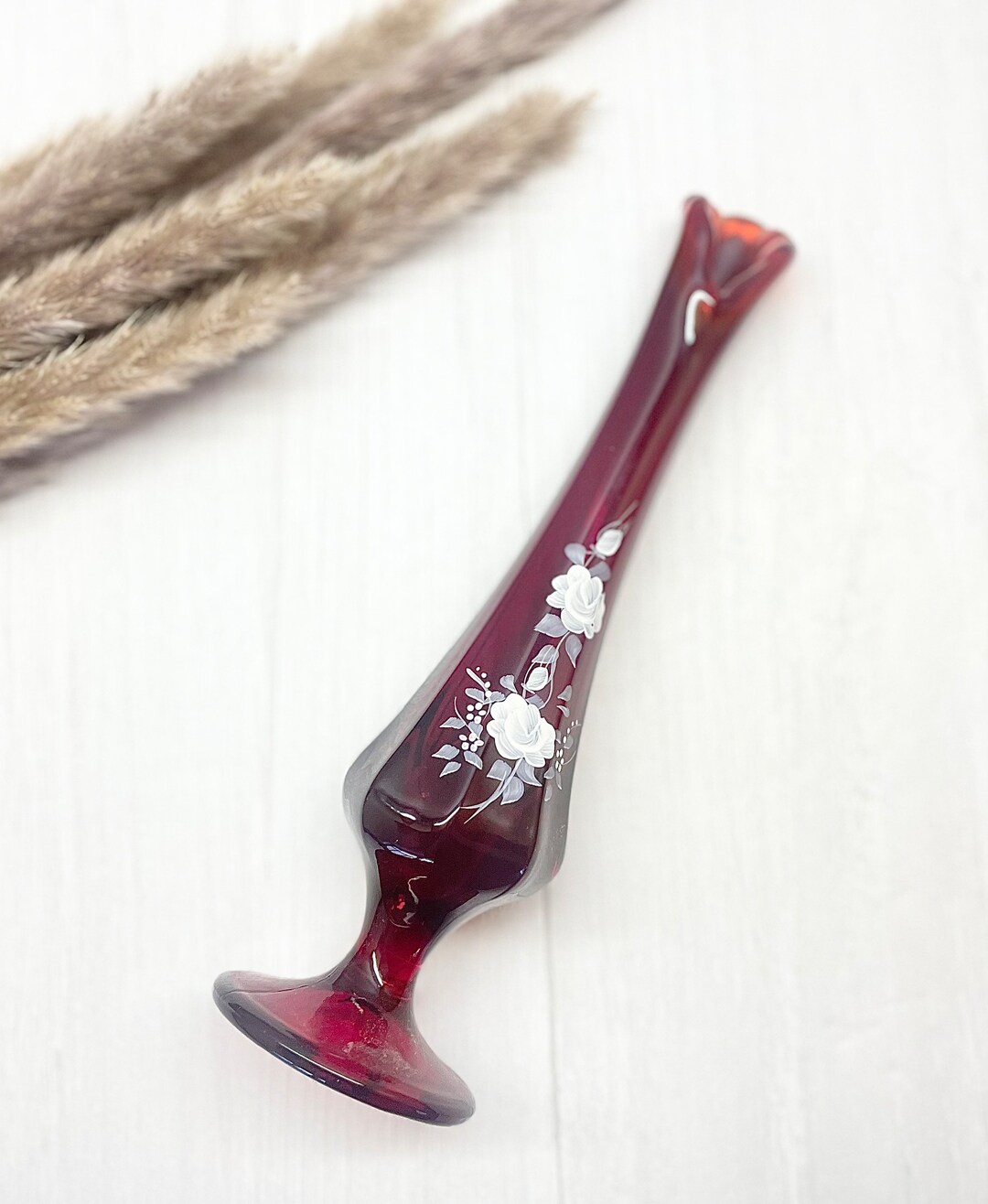 Vintage 9 Fenton Red Swung Glass Vase, Hand Painted Flowers, Hand Blown