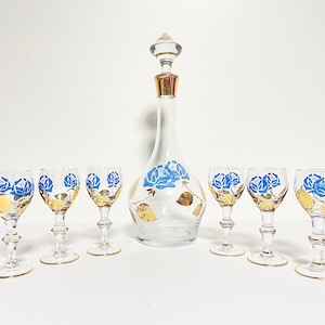 8 Piece Vintage Czech Glass Decanter Set with Blue & Gold Floral Pattern, Bar Cart Decor, Shot Glasses, Hollywood Regency, Maximalist Decor