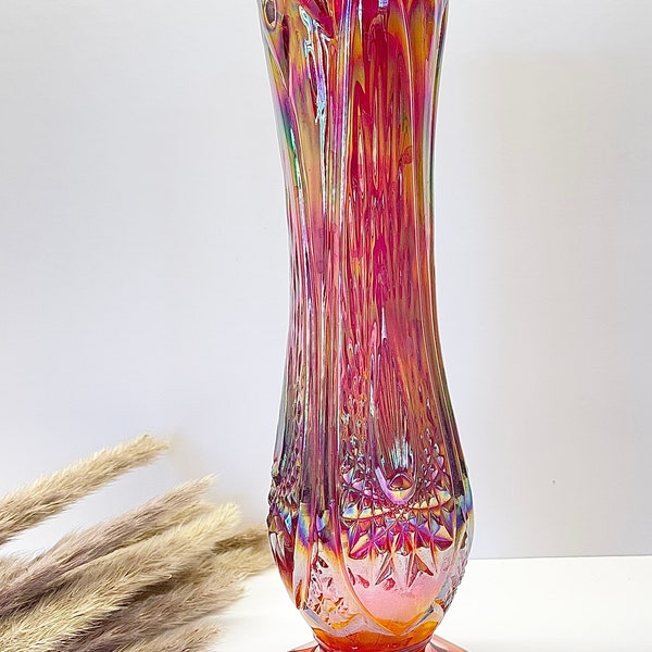 MCM Fenton Marigold Rainbow Stretch Glass Swung Vase, Hand Blown Carnival Glass Vase, Table Centrepiece, End Table Decor, Fireplace Decor