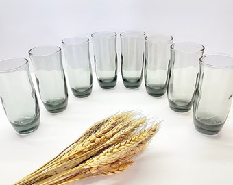 Vintage Set of 8 Smokey Grey Glass Tumblers with Fluted Rim, 1960s Barware, Cocktail Glasses, Depression Era, Tableware, Kitchen Gifts