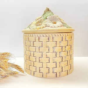 Vintage Ceramic Kitchen Canister with Basket Weave Pattern, Ceramic Jar, Kitchen Organization, Sugar Canister, Farmhouse Kitchen