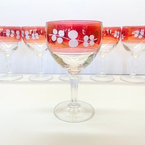 Set of 6 1960s Vintage Italian Crystal Wine or Cocktail Glasses, Ruby Red Glass, Home Bar Cart Decor, Barware, Wine Lover Gift, Glassware