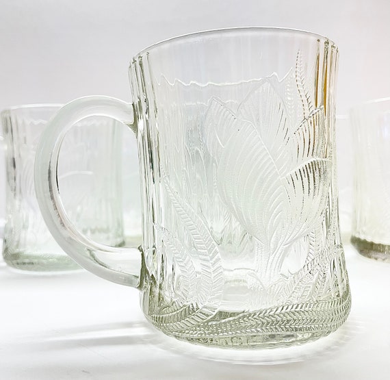 Arcoroc Vintage Clear Crystal Glass Mugs With Handles, Flower and Leaves  Pattern,coffee Cup,tea Cup Set of Four at 8 Oz. 