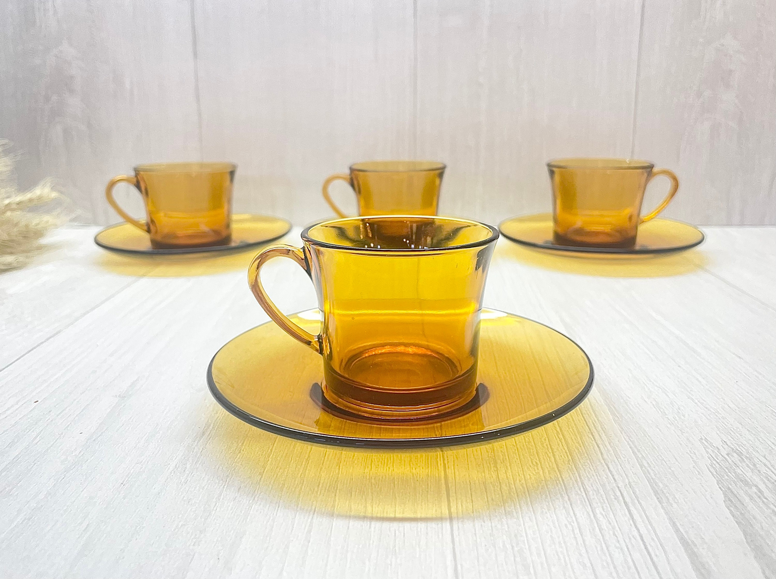 Amber Handblown Recycled Glass Carafe and Cup Set (Pair) - Textured Amber