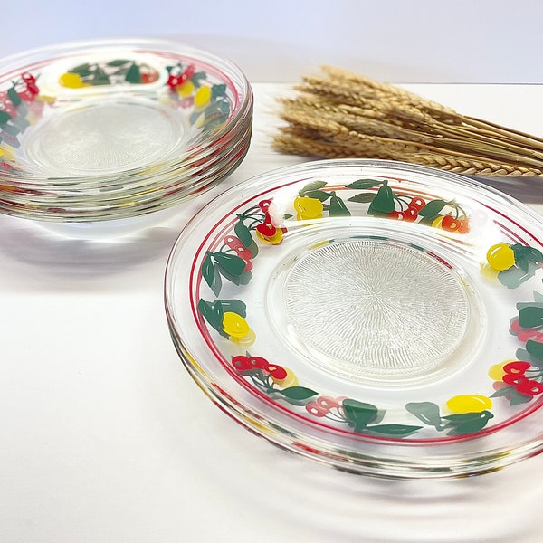 Service de vaisselle italien vintage 9 pièces avec bordure à motif de fruits colorés, bols et assiettes en verre transparent, cadeau pour une nouvelle maison, ensemble de vaisselle rétro