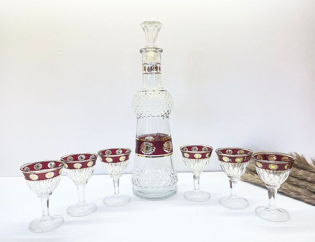 8 Piece MCM Italian Glass Decanter and Shot Glass Set Red and Gold Trim