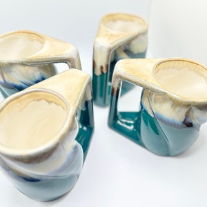 Set of 4 1980s Vintage Rodolfo Padilla Ceramic Pottery Mugs, Handmade Stacking Coffee Cups, Minimalist, Drip Glaze Stoneware, Made in Mexico