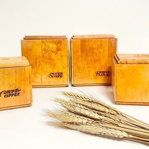 1970s Vintage 8 Piece Baribocraft Exotic Wood Kitchen Canister Set, Farmhouse Counter Top Decor, Rustic Storage Containers, Flour, Coffee