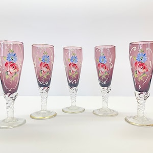 Set of 5 MCM Hand Blown Purple Cocktail Glasses with Twisted Stem, Vintage Barware, Bar Cart Decor, Housewarming Gifts, Whiskey Glasses