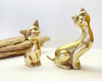 Set of 2 Vintage Solid Brass Cat Kitten Table Top Figurines, Miniature Statues, Cat Mom Gifts, Bookshelf Decor, Metal Sculpture, Mid Century