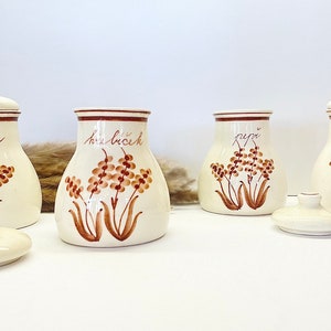 Set of 4 Decorative Vintage Ceramic Spice Containers with Lids, Handmade German Pottery Jars, Rustic Farmhouse Kitchen Decor, Foodie Gift