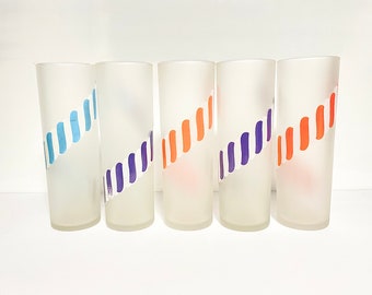 Set of 5 MCM Tom Collins Frosted Highball Glasses with Candy Stick Pattern, Cocktail Glass Set, Tall Bar Glass, Collectible Glassware