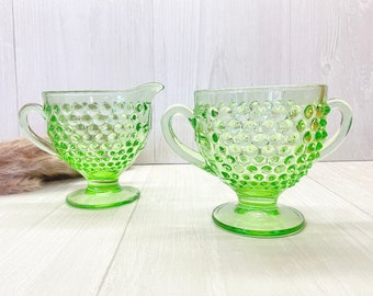 1950s Vintage Uranium Green Glass Cream Pitcher and Sugar Bowl Set, Hobnail Depression Era, Glow in the Dark, Art Glass Collectors Gift