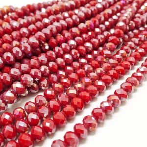 8x6mm Rondelle Faceted Opaque Wine Red AB Glass Spacer Beads