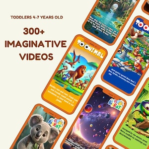 Może przedstawiać: Kolekcja ekranów telefonów komórkowych wyświetlających kolorowe animowane filmy dla małych dzieci w wieku 4-7 lat. Ekrany przedstawiają różne postacie z kreskówek i tekst "300+ IMAGINATIVE VIDEOS". Ogólnym tematem jest treść edukacyjna i rozrywkowa.