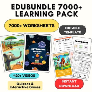 Może przedstawiać: Pakiet edukacyjny zatytułowany "EDUBUNDLE 7000+ LEARNING PACK" z tekstami "7000+ WORKSHEETS", "420+ VIDEOS" i "Quizzes & Interactive Games". Obraz przedstawia tablety cyfrowe z kolorowymi ilustracjami i arkuszami ćwiczeń, w tym dziennik astronomiczny i ćwiczenia ortograficzne.