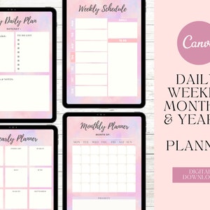 Op de afbeelding: Digitale plantemplates voor dagelijkse, wekelijkse, maandelijkse en jaarlijkse planning. De sjablonen worden weergegeven op tablets met een zachtroze en paarse aquarelontwerp. Het Canva-logo en de tekst "Digitale download" zijn ook zichtbaar.