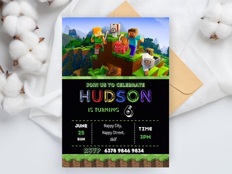 Editable Minecraft Birthday Invite Printable Mine Theme Birthday Invite ...