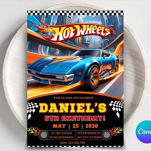 Bearbeitbare Hot Cars-Einladung, Hot Wheels-Einladung, Heiße Rennautos-Geburtstagsvorlage, Hot Wheels-Vorlage, bearbeitbare Kindergeburtstagseinladung