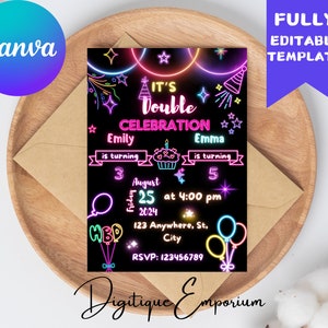Faire-part d'anniversaire modifiable pour frères et sœurs, modèle de célébration de fête d'anniversaire double, invitation électronique pour frères et sœurs, invitations d'anniversaire néon