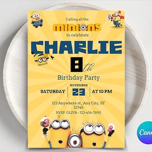 Editable Yellow Minion Birthday Invitation Template, Minions Kids Birthday Party Invite, Kids Birthday Invitation, Girl Minions Invitations