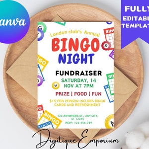 Modelo editável de folheto noturno de bingo, convite para noite de jogo em família, PTA para impressão, folheto PTO, evento de arrecadação de fundos para a família escolar, convite para jogo