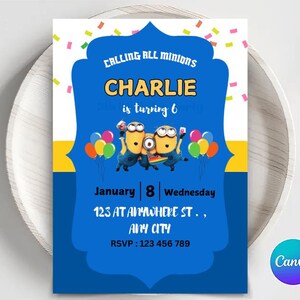 Editable Yellow Minion Birthday Invitation Template, Minions Kids Birthday Party Invite, Kids Birthday Invitation, Girl Minions Invitations
