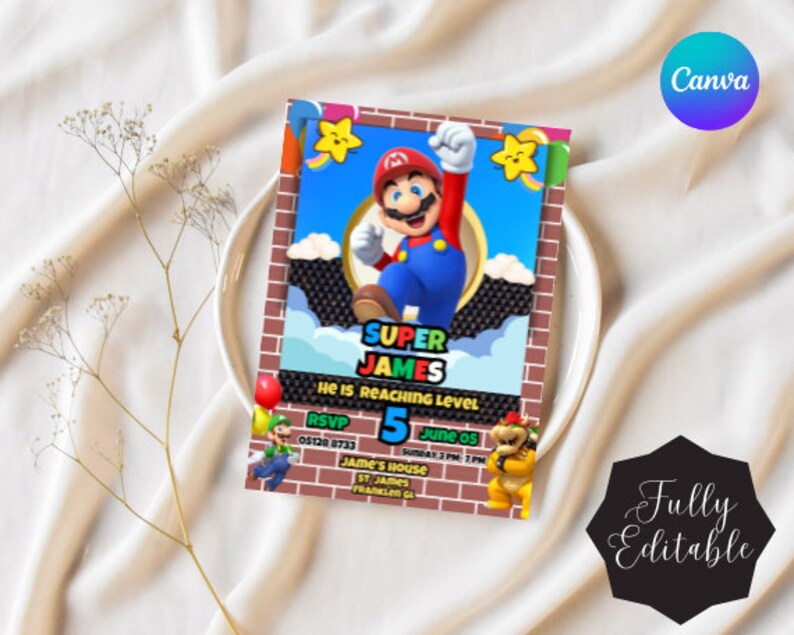 Editable Super Mario Birthday Invitation Template, Super Mario Bros Birthday Invites, Kids Mario ...