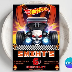 Editable Hot Cars Invitation, Hot Wheels Invitation, Hot Race Cars Birthday Template, Hot Wheels Template, Editable Kids Birthday Invitation