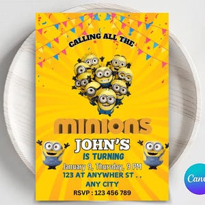 Editable Yellow Minion Birthday Invitation Template, Minions Kids Birthday Party Invite, Kids Birthday Invitation, Girl Minions Invitations