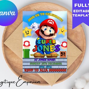 Invitation Mario Bros, invitation d'anniversaire Super Mario, invitation garçon Super Brothers, jeu vidéo, invitation enfant, modèle modifiable, toile modifiable
