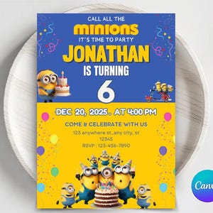 Editable Yellow Minion Birthday Invitation Template, Minions Kids Birthday Party Invite, Kids Birthday Invitation, Girl Minions Invitations