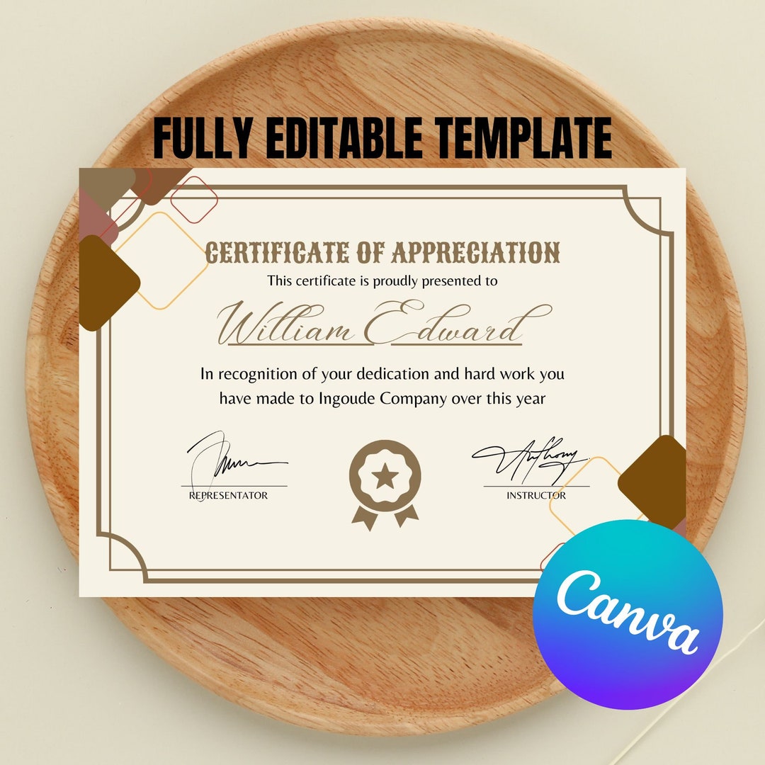 Editable Certificate of Appreciation Template (canva) - Etsy