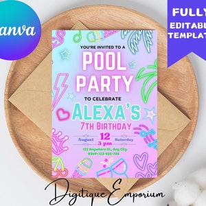 Editable neon Pool Party birthday Invitation, beach Party Invitation, summer, hello school Party Bash Instant Download Editable Canva