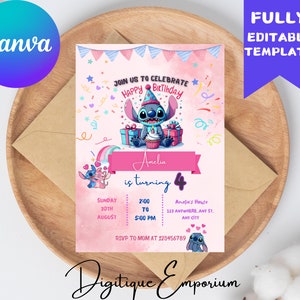 Bearbeitbare Stitch-Geburtstagseinladungskarte, druckbare Kindergeburtstagsfeier einladen, digitale Kindergeburtstagsvorlage, digitale Geburtstagseinladungen